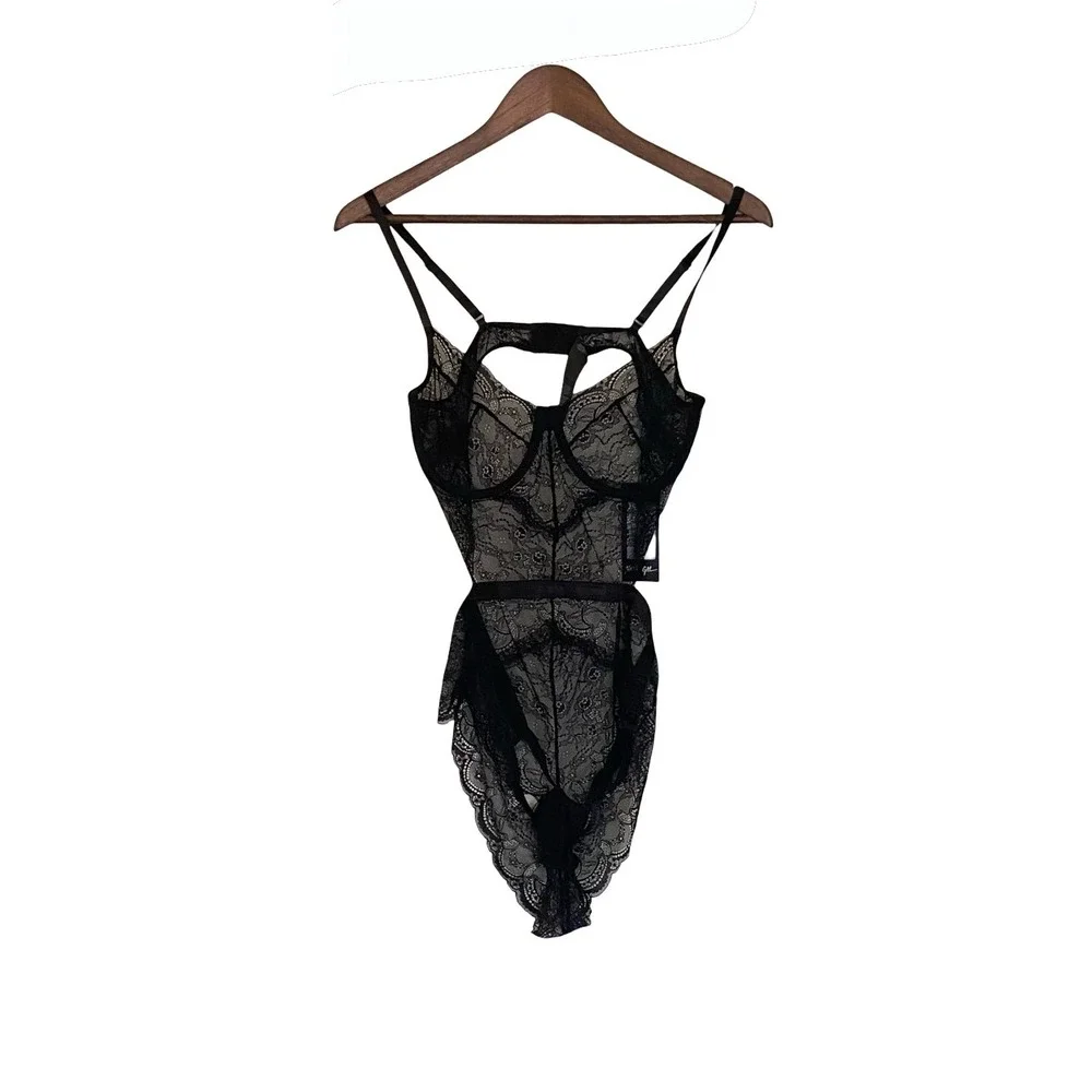 Nasty Gal Black Floral Lace Underwire Bodysuit Cutout Lingerie New Large - Picture 1 of 9
